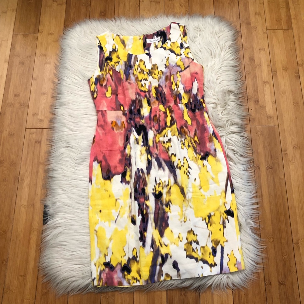 Calvin Klein Linen Blend Abstract Watercolor Yellow Orange Sheath Dress size 4P